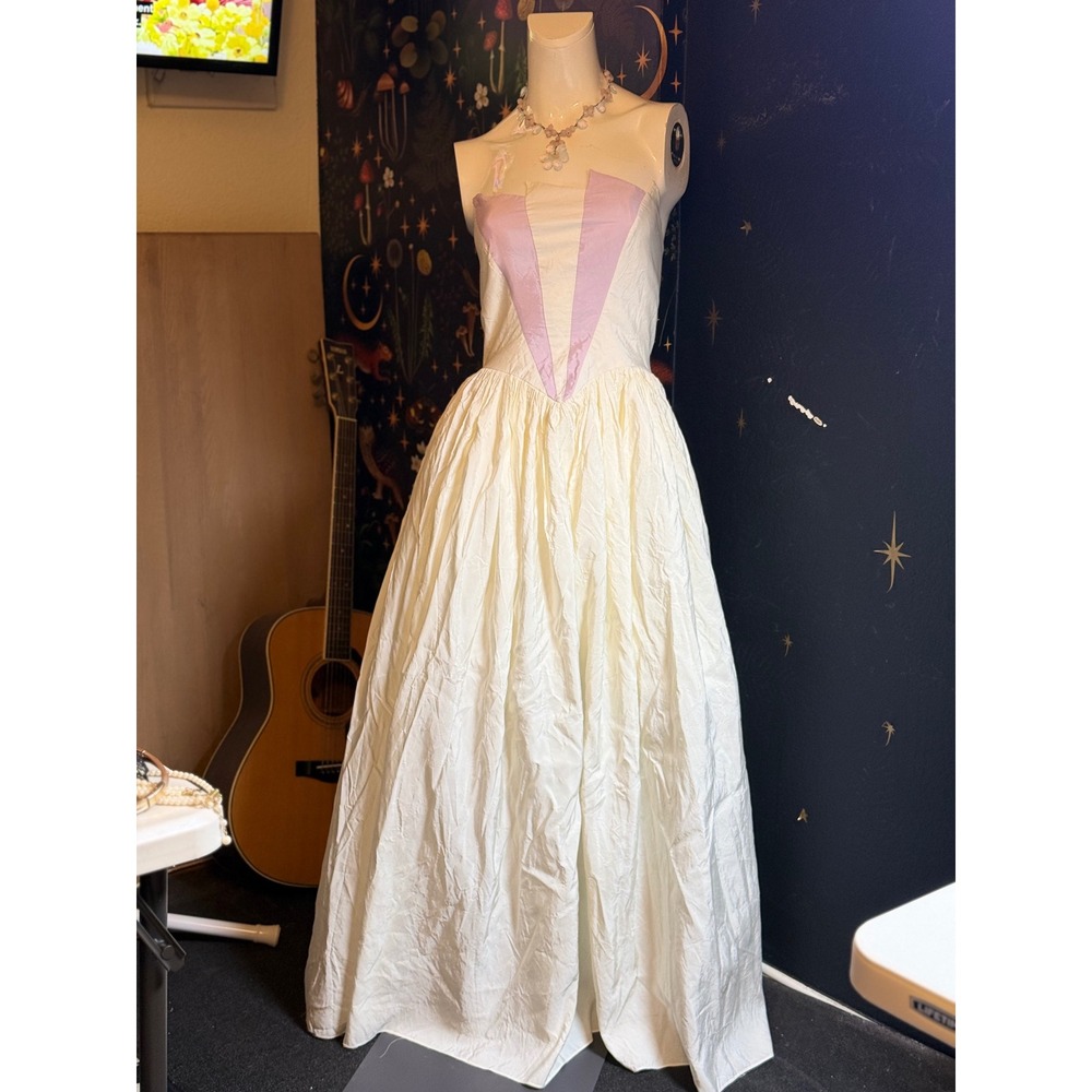 Vintage TA by Eletra Strapless Gown 80s Cream Lavender Purple Acetate Maxi Dress